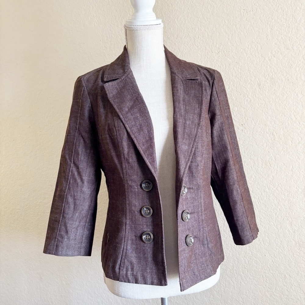 Dressbarn Blazer Size M Brown Double Breasted 3/4 Sleeve Textured Work Jacket